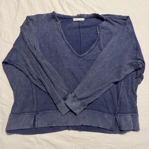 We The Free Navy Blue Waffle-Knit V-Neck Long Sleeve Top